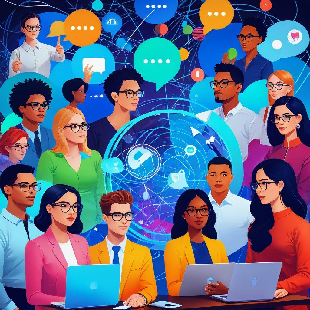 A surreal scene depicting a diverse group of people engaging in a dynamic virtual meeting, with vibrant avatars and digital backgrounds representing various industries. Connective lines symbolize networking, while floating icons like chat bubbles and friend requests emphasize communication. The atmosphere should feel energetic and welcoming, showcasing screens filled with exchanging ideas. super-realistic. vibrant colors. digital art.