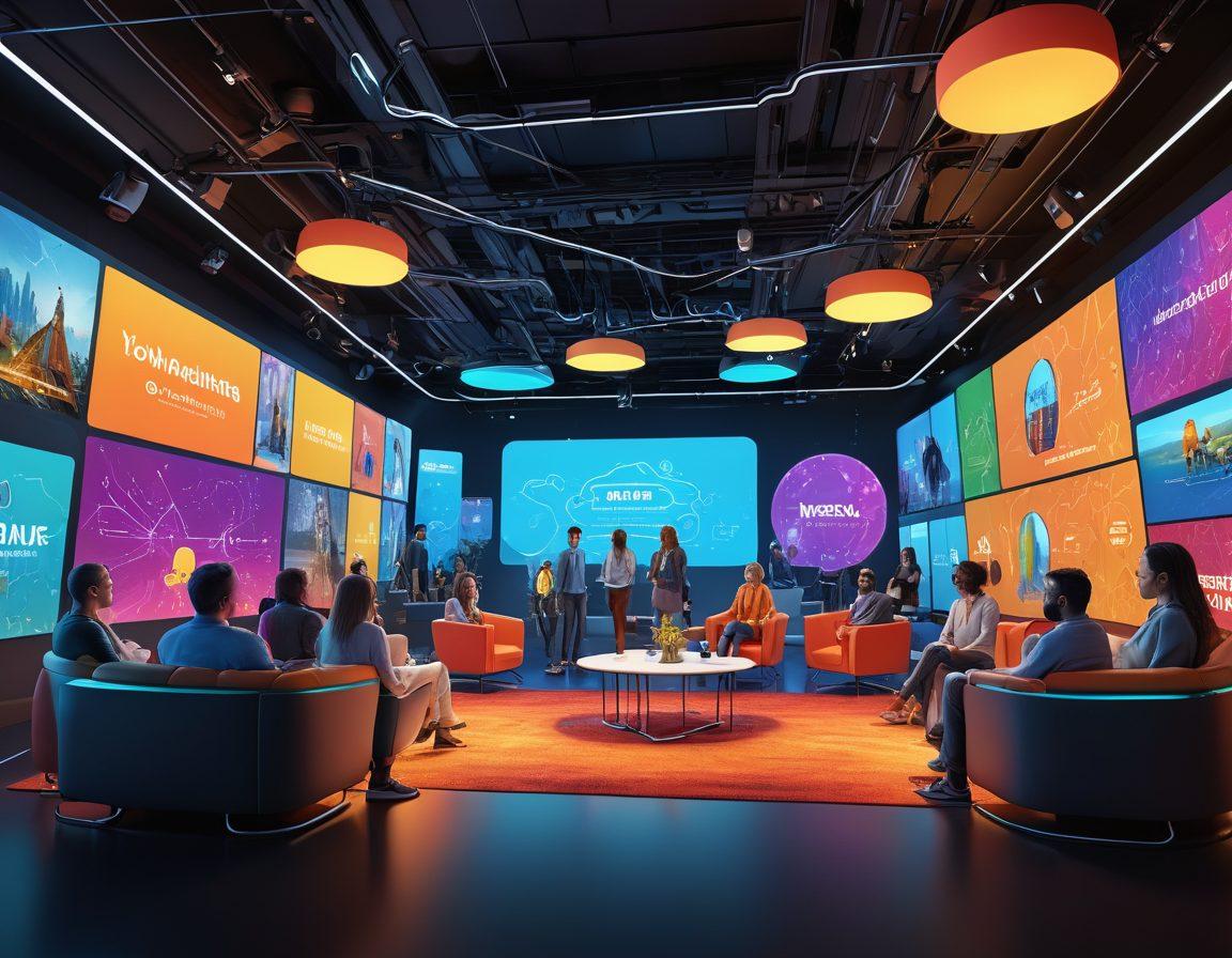 A vibrant digital map illustrating an online convention filled with diverse people interacting through virtual avatars, networking in designated zones. Incorporate colorful chat bubbles and connection lines symbolizing communication and collaboration. Showcase various virtual event elements like webinars, discussion rooms, and social lounges in a futuristic setting. The overall feel should be engaging and dynamic, inviting viewers to dive into this virtual experience. super-realistic. vibrant colors. 3D.