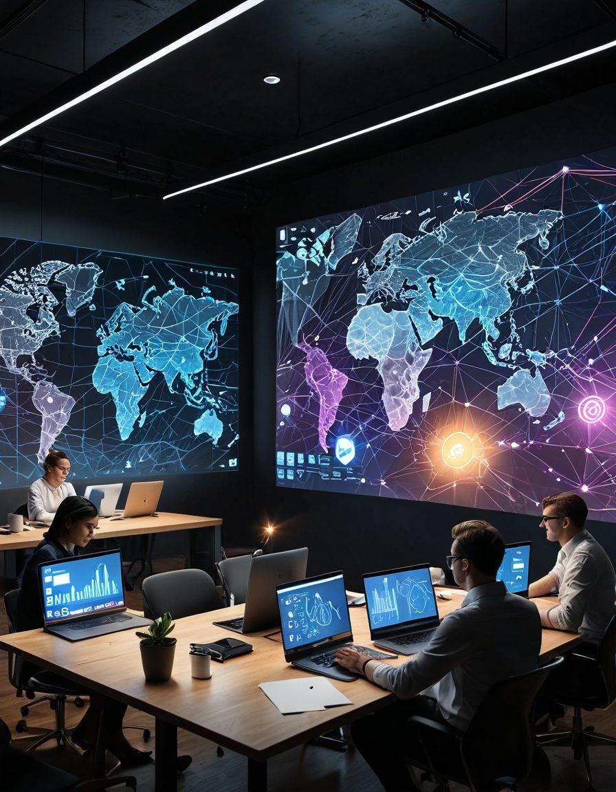 A diverse group of professionals collaboratively engaging over a sleek, modern video conferencing platform, showcasing various tech devices and tools around them. Visual elements representing ideas and creativity, like lightbulbs and charts, are floating in the air, symbolizing innovation in virtual interactions. The background should evoke a sense of connection through digital elements and a glowing network. super-realistic. vibrant colors. 3D.